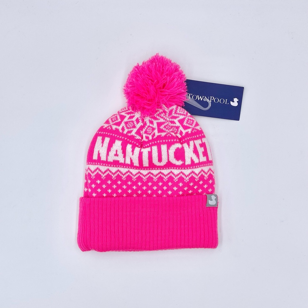 NEW TownPool Nantucket The Ted Pink Pattern Fleece Lined Pom Beanie Adult OS